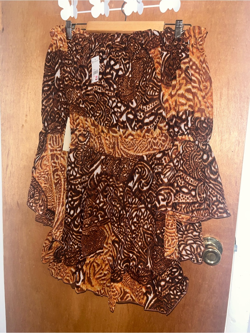 Versona Brown Animal-Print Off-Shoulder Long Sleeve Dress